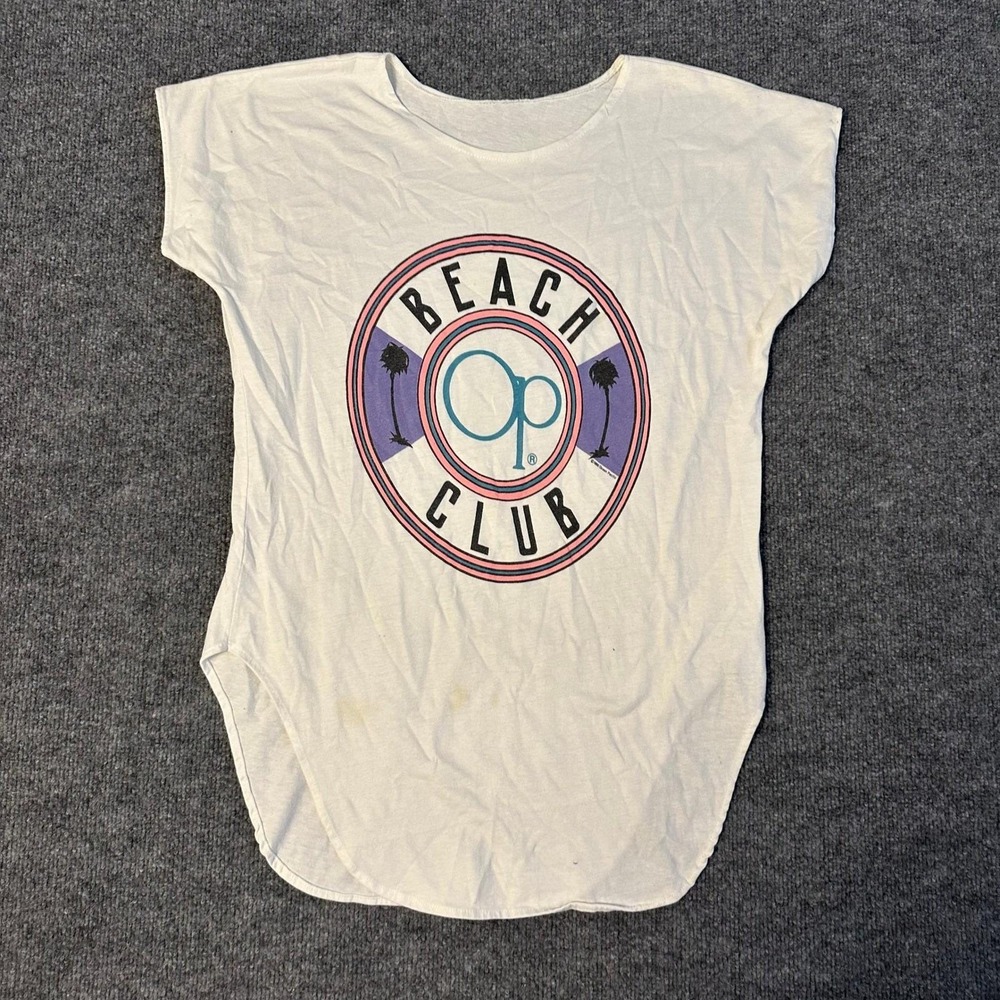 Ocean Pacific T Shirt Womens Size S White Vintage Beach Club Graphic Curved Hem